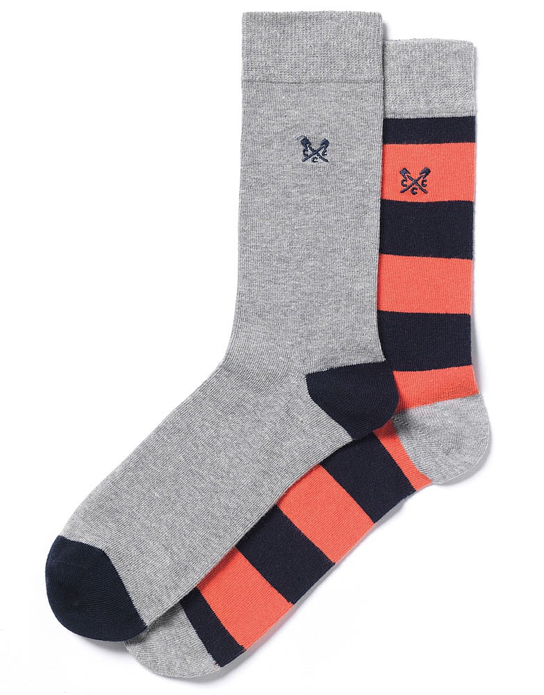 Men's 2 Pack Wide Stripe Socks in Grey/Deep Coral/Navy from Crew Clothing