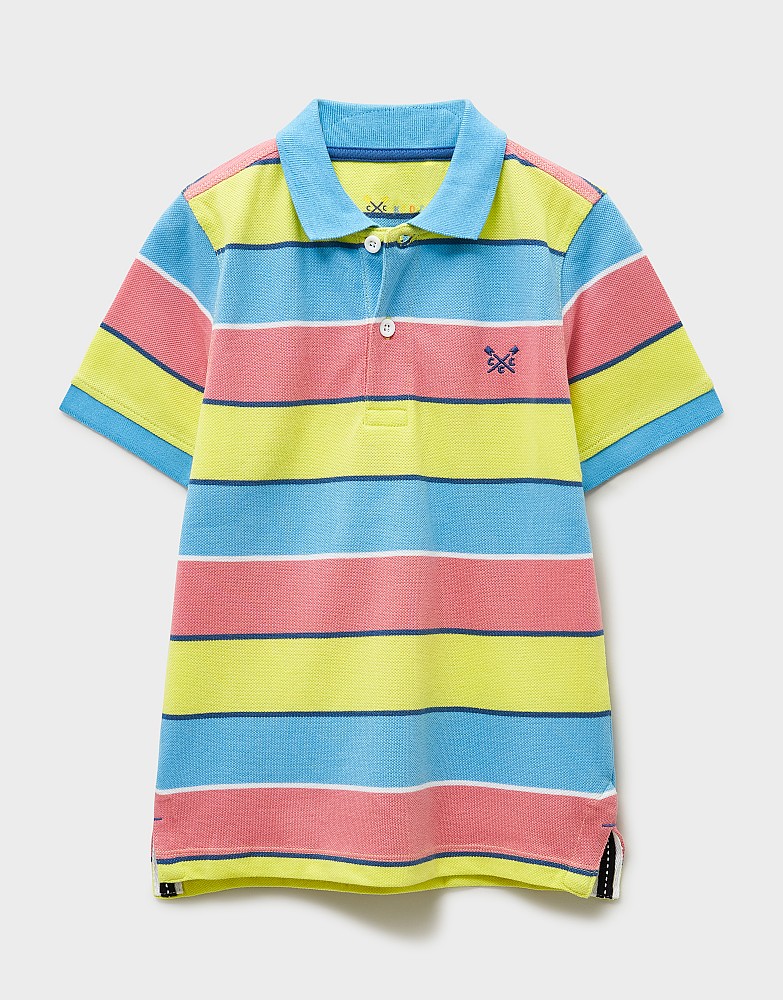 Cotton Oxford Polo Shirt in Yellow, Bright Blue & Dusty Blue Stripes 