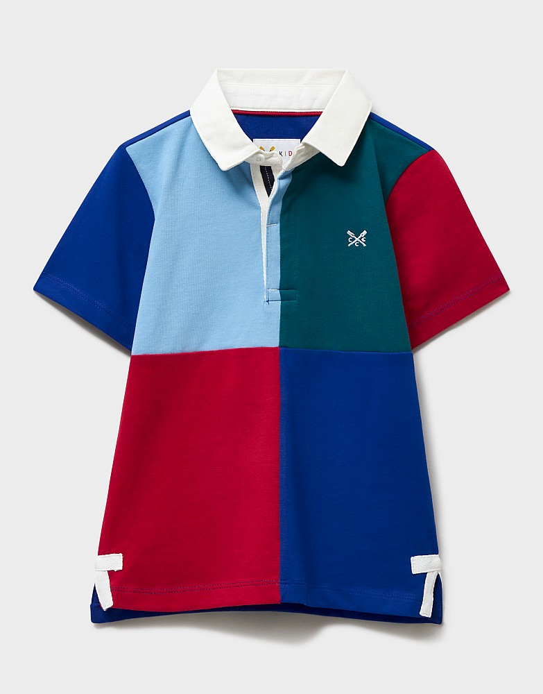Cotton Short-Sleeve Harlequin Rugby in Blue, Red & Green