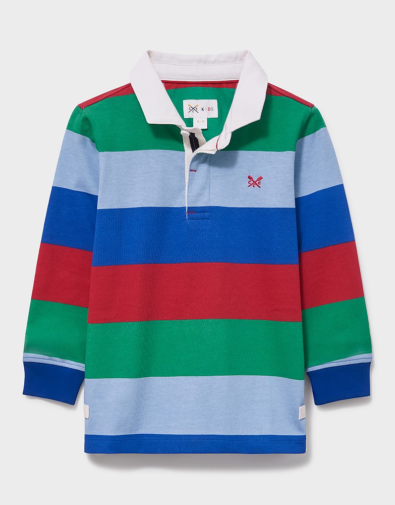 Cotton Long-Sleeve Rugby Shirt in Blue, Green & Red Stripe