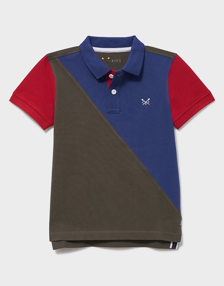 Spliced Cotton Cut-and-Sew Polo Shirt in Green, Blue & Red