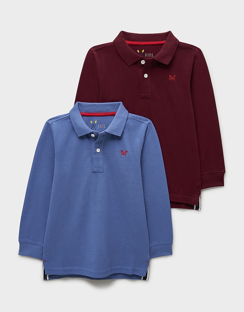 2-Pack Cotton Long-Sleeve Polo Shirts in Blue & Burgundy