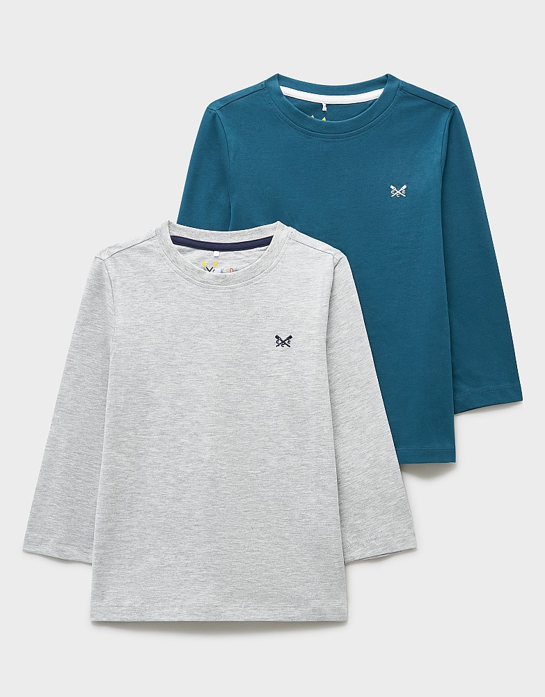 2-Pack Cotton Long-Sleeve Tees in Green & Grey Marl