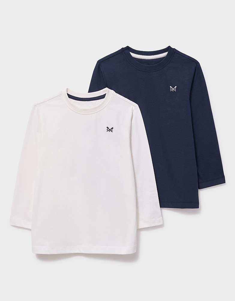 2-Pack Cotton Long-Sleeve Tees in Dark Blue & White