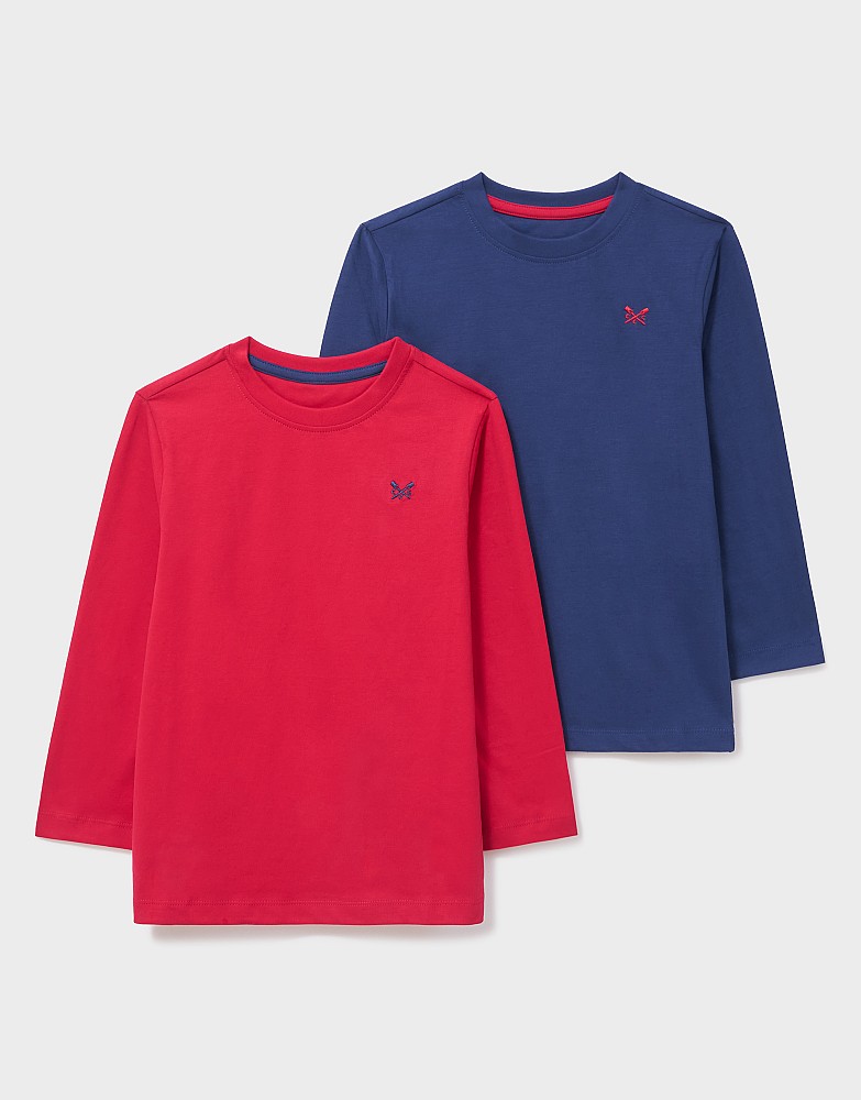 2-Pack Cotton Long-Sleeve Tees in Dark Blue & Red