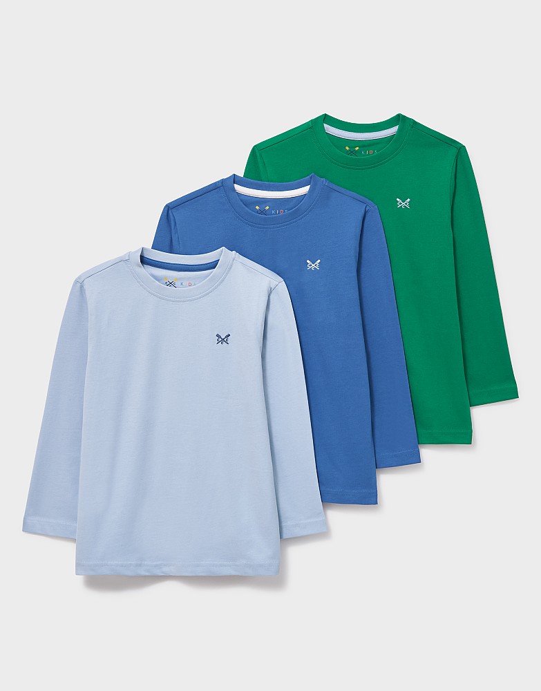 3-Pack Cotton Long-Sleeve Tees in Blue & Green