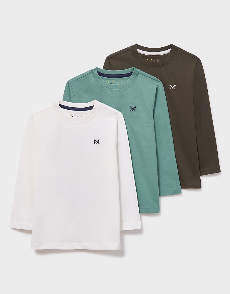 3-Pack Cotton Long-Sleeve Tees in Green & Ivory