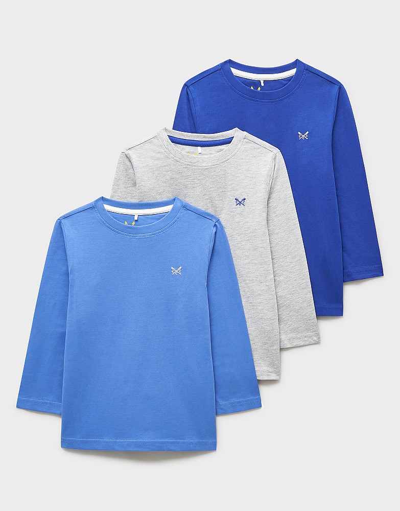 3-Pack Cotton Long-Sleeve Tees in Blue & Grey Marl