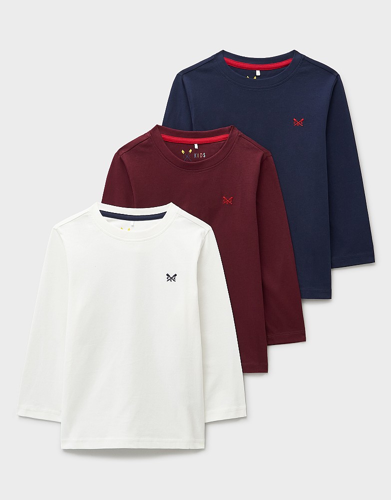 3-Pack Cotton Long-Sleeve Tees in Blue, Red & White