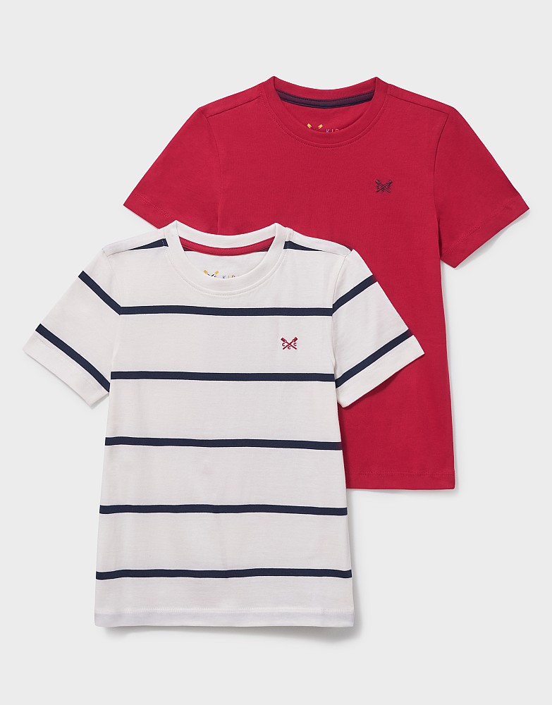 2-Pack Cotton Stripe & Plain Tees in Red & White