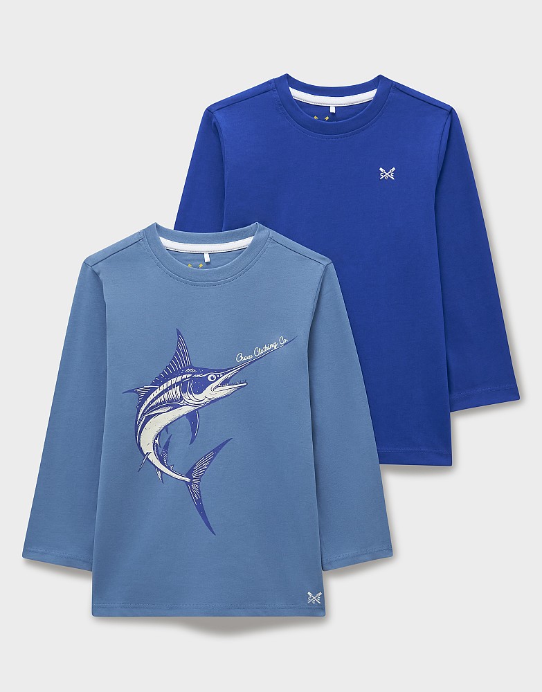 2-Pack Cotton Long-Sleeve Graphic & Plain Tees in Blue