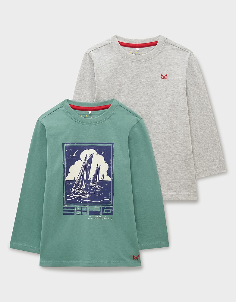 2-Pack Cotton Long-Sleeve Graphic & Plain Tees in Green & Grey Marl