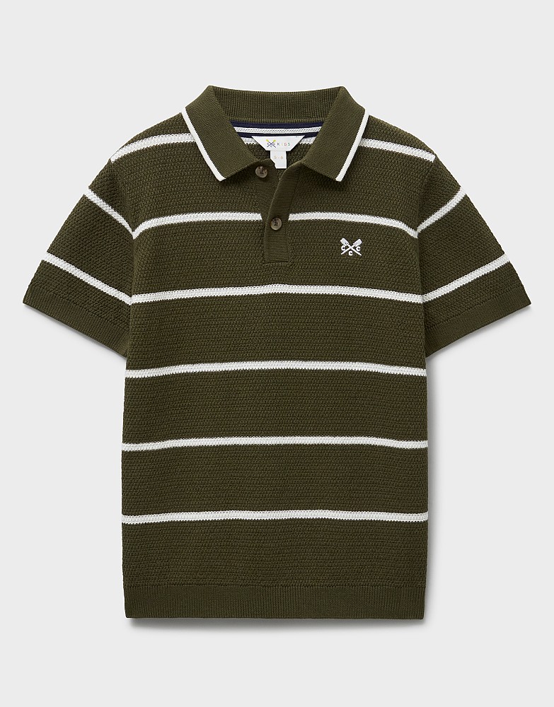 Piqué Stripe Knitted Cotton Polo Shirt in Olive Green