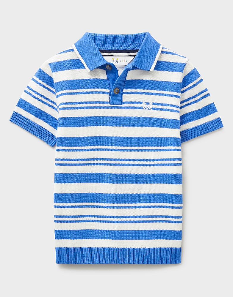 Short Sleeve Knitted Striped Polo Shirt in Blues