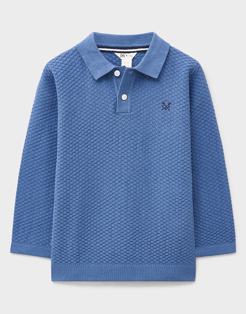 Reverse Check Long Sleeved Knitted Polo Shirt in Blue