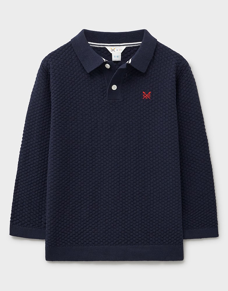 Reverse Check Long Sleeved Knitted Polo Shirt in Navy