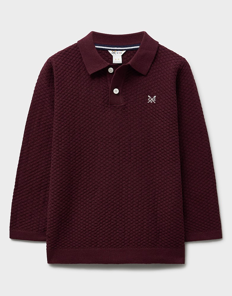 Reverse Check Long Sleeved Knitted Polo Shirt in Deep Red