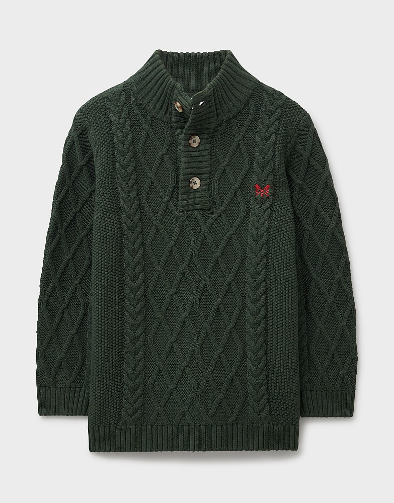 Half Button Neck Cable Knit Jumper in Green