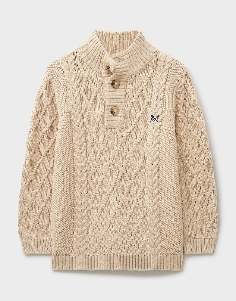 Half Button Neck Cable Knit Jumper in Stone