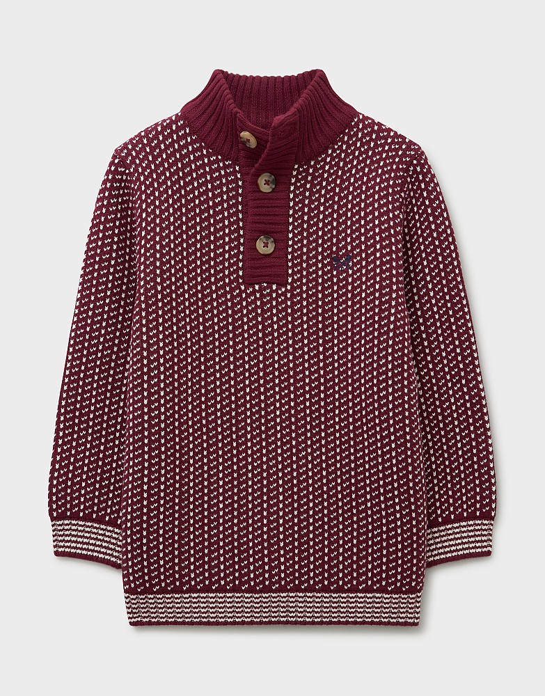 Half Button Funnel Neck Jumper in Dark Red