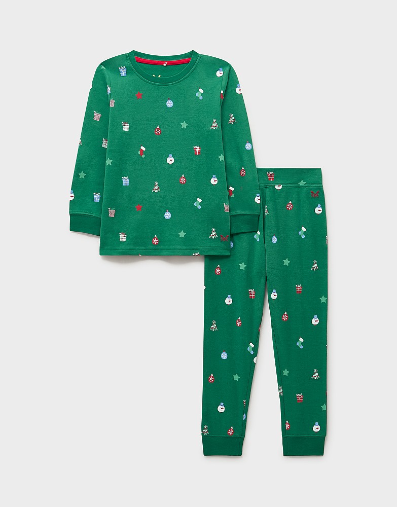 Long Sleeve Christmas Stockings Printed Pyjama Set in Green