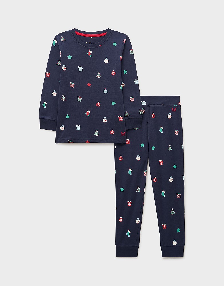 Long Sleeve Printed Christmas Pyjama Set in Navy