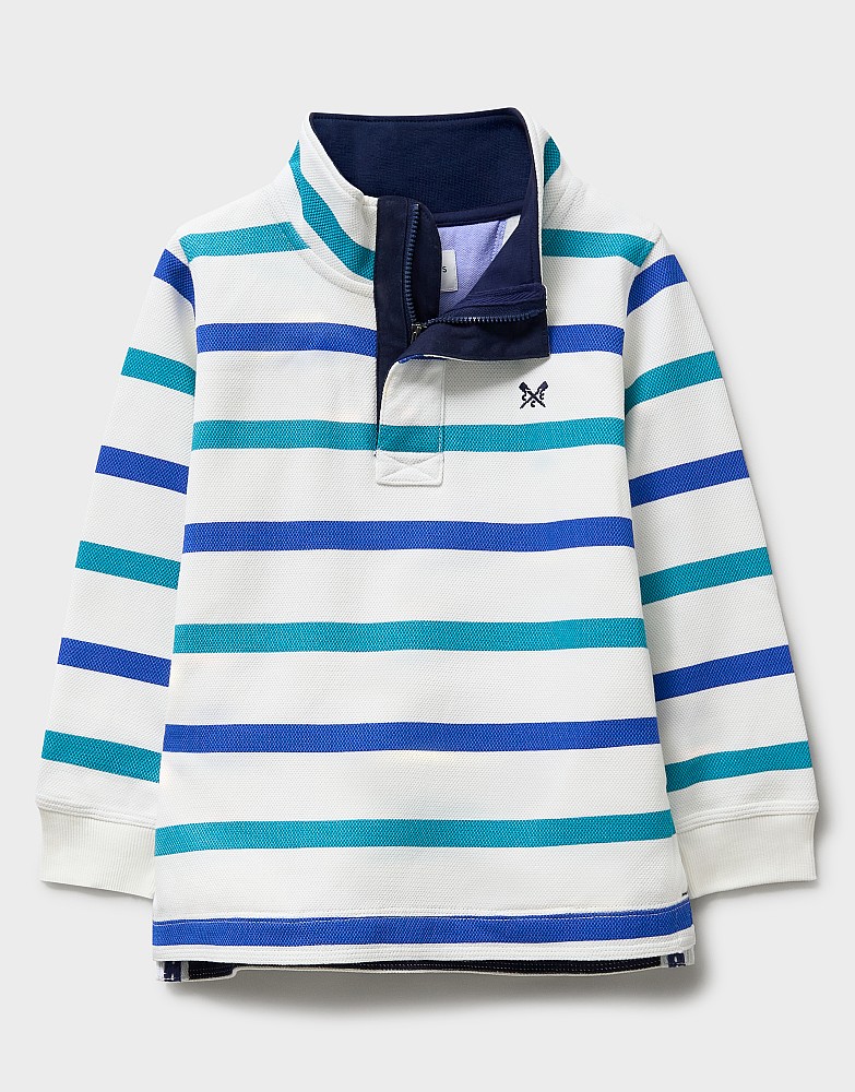 Cotton Piqué Padstow in White, Green & Blue Stripes