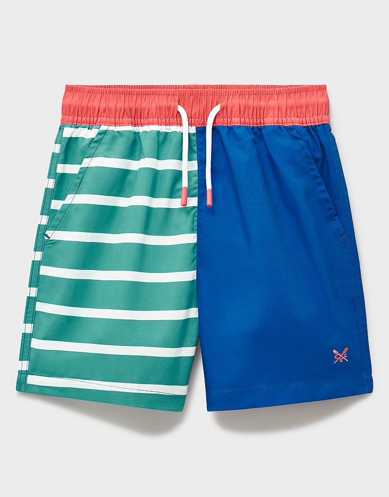 Swimshorts in Green White Stripes and Cobalt Colour Block