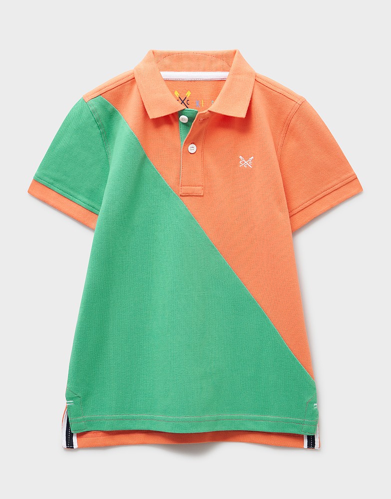 Cotton Pique Slash-Panel Polo in Green & Orange
