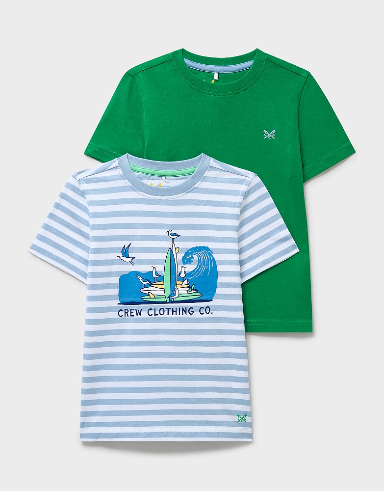 2 Pack Classic Cotton Tees in Green and Blue and White Stripes