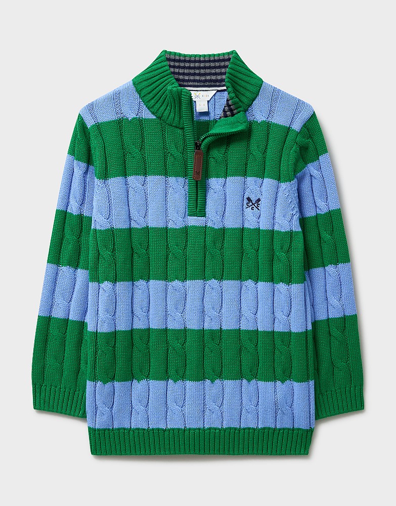 Oarsman Cotton Half-Zip Cable Jumper in Blue & Green Stripe
