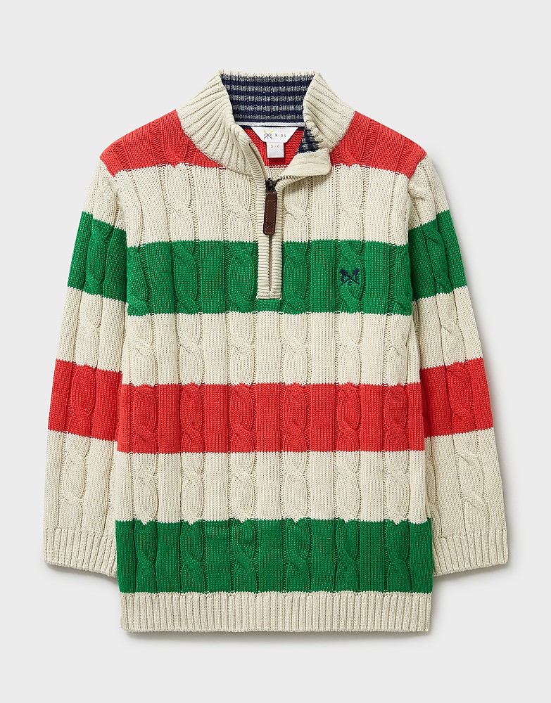 Oarsman Cotton Half-Zip Cable Jumper in Stone, Green & Red Stripe