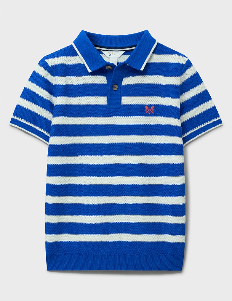 Knitted Cotton Stripe Polo in Blue & White