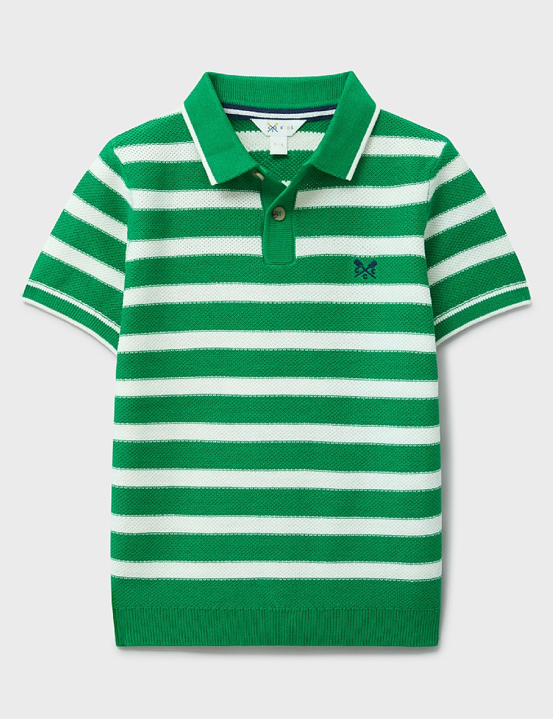 Knitted Cotton Stripe Polo in Green & White