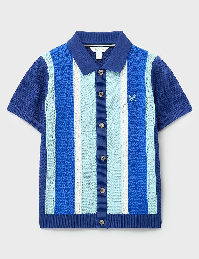Stripe Knitted Cotton Polo Shirt in Navy