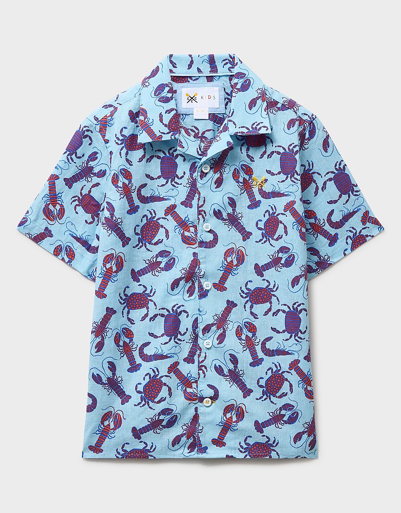 Linen-Blend Resort Shirt in Blue Lobster Print