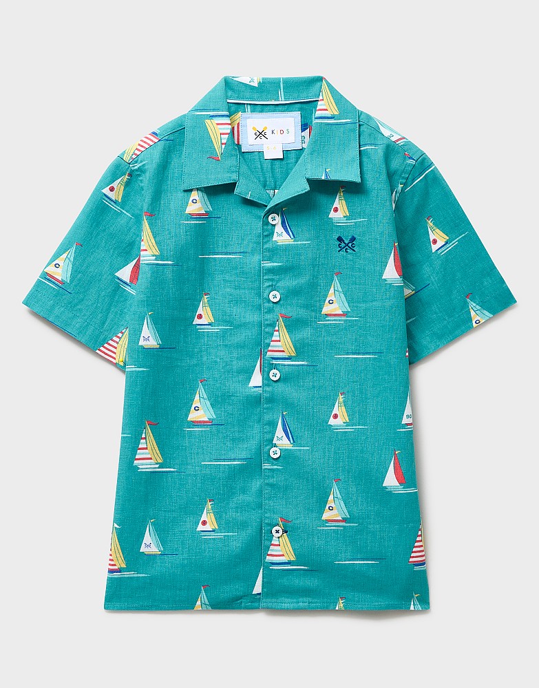 Linen-Blend Resort Shirt in Turquoise Boat Print