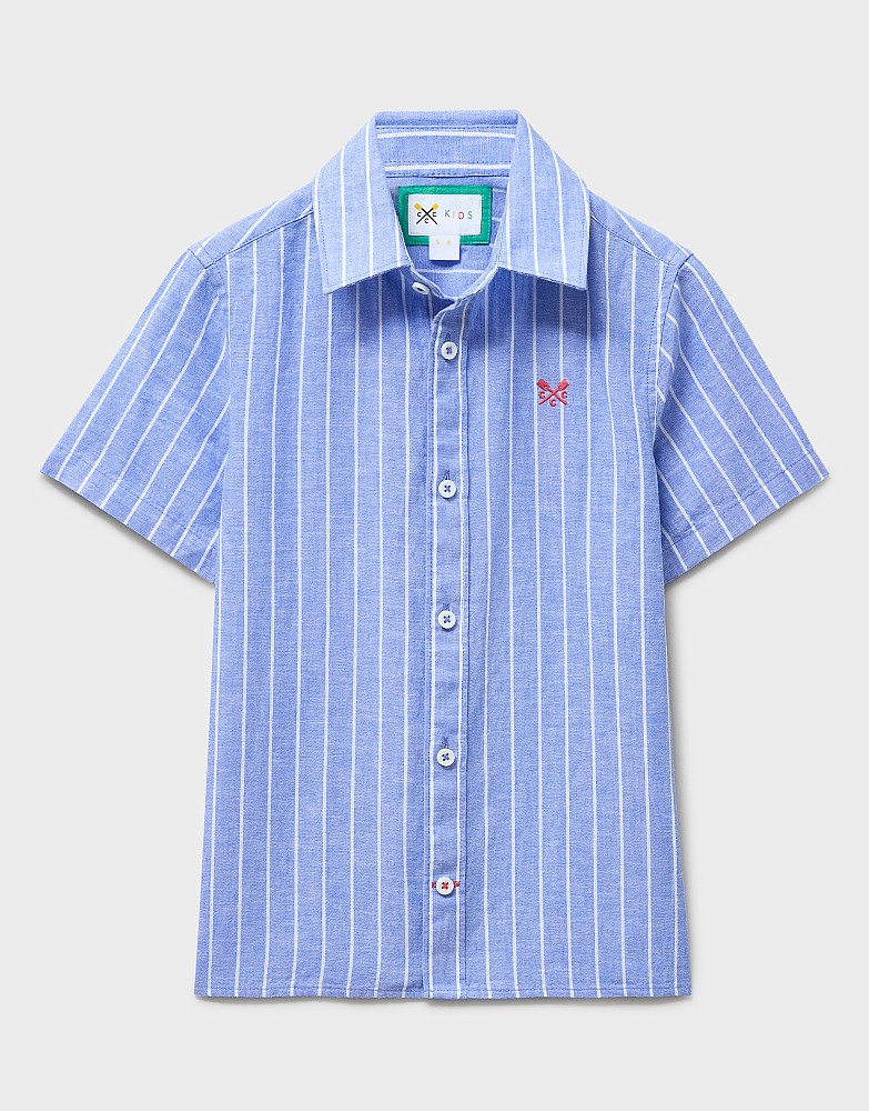 Short Sleeve Cotton-Linen Shirt in Blue Stripes