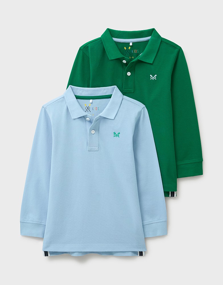 2 Pack Long Sleeve Pique Cotton Polo Shirts in Blue and Green