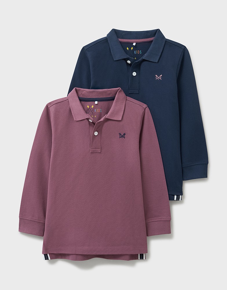 2 Pack Long Sleeve Pique Cotton Polo Shirts in Navy and Burgundy
