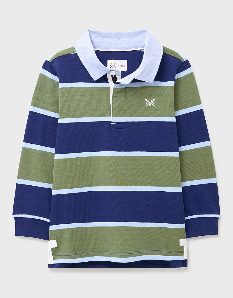 Stripe Cotton Rugby Shirt with Chambray Collar in Blue and Green