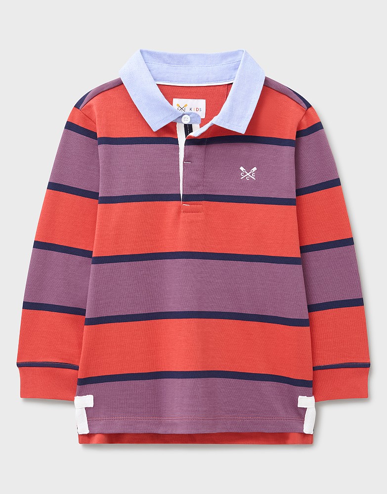 Stripe Cotton Rugby Shirt with Chambray Collar in Red