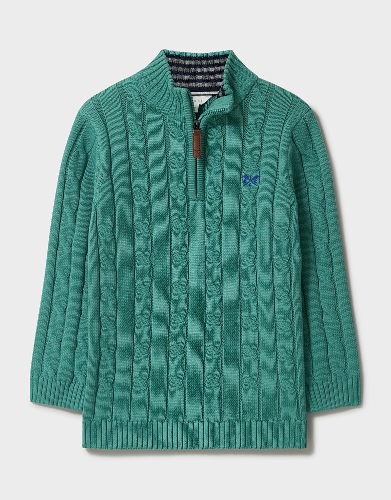 Cable Knit Cotton Half Zip Jumper in Aqua Green