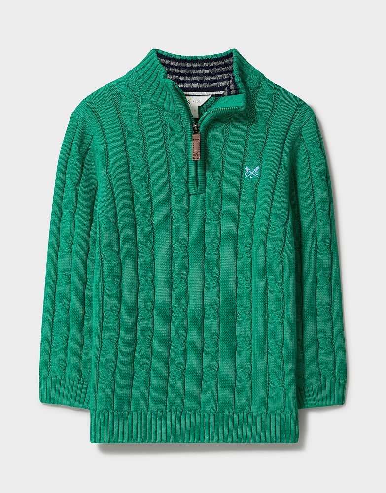 Cable Knit Cotton Half Zip Jumper in Emerald Green