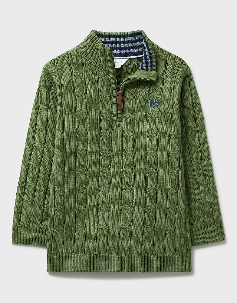 Cable Knit Cotton Half Zip Jumper in Khaki Green