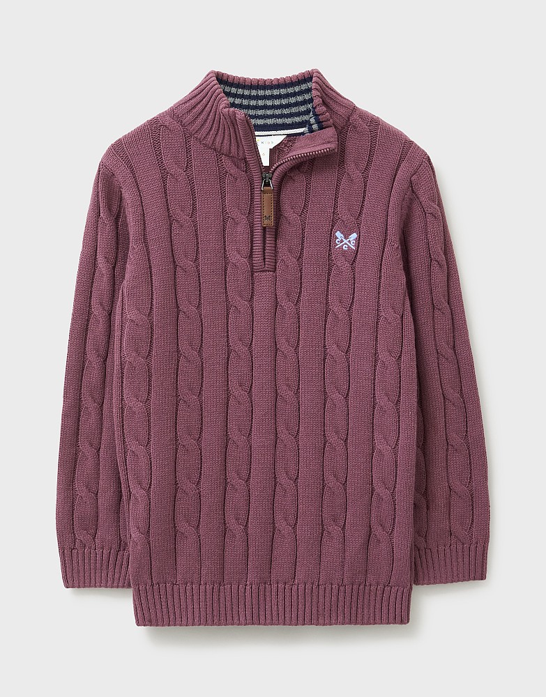 Cable Knit Cotton Half Zip Jumper in Mauve