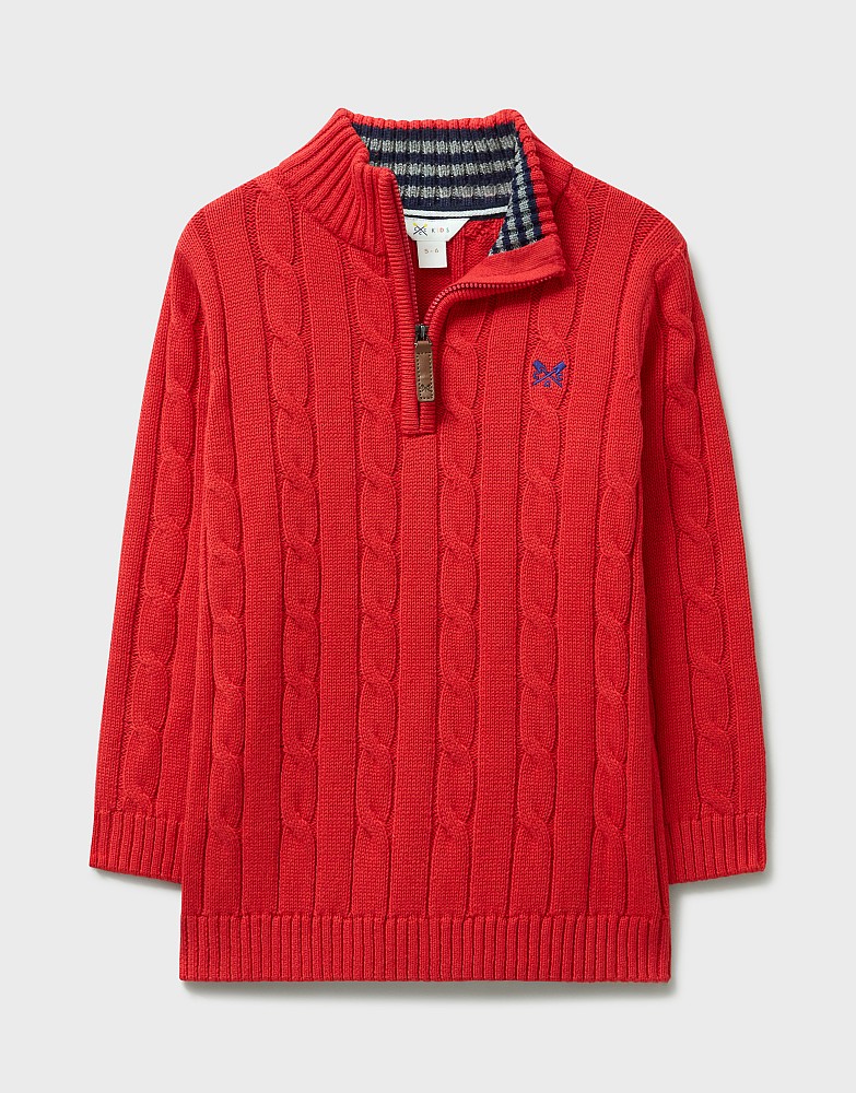Cable Knit Cotton Half Zip Jumper in Red