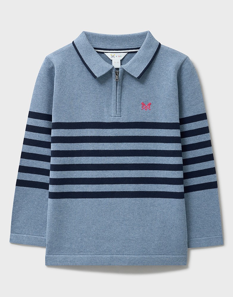 Striped Cotton Knitted Polo Jumper in Blue and Navy