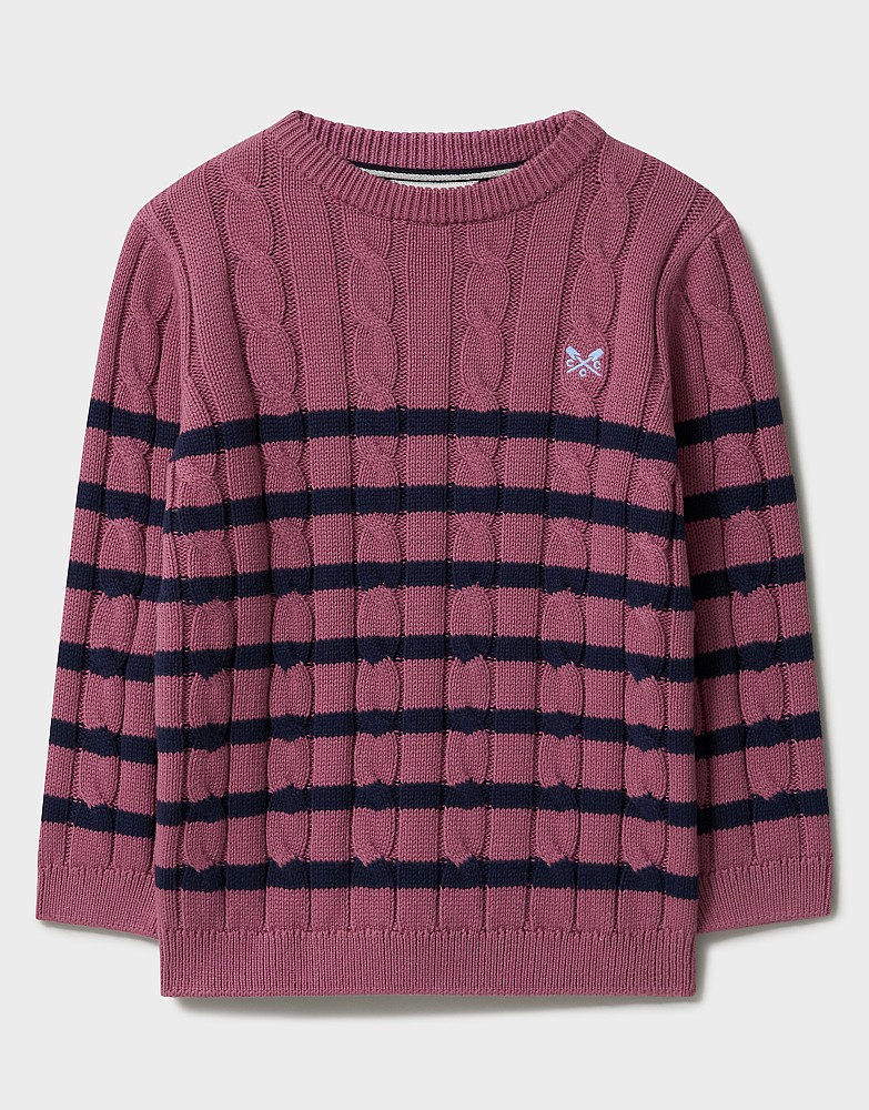 Stripe Cotton Cable Crew Neck Jumper in Rose Pink and Navy