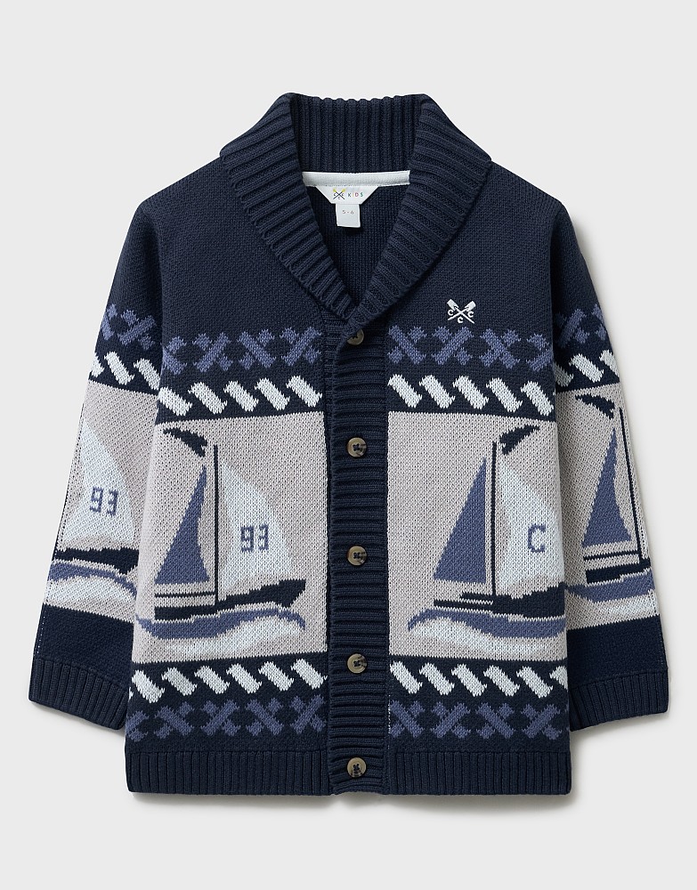 Cable Cotton Shawl Cardigan in Navy with Sailboat Design